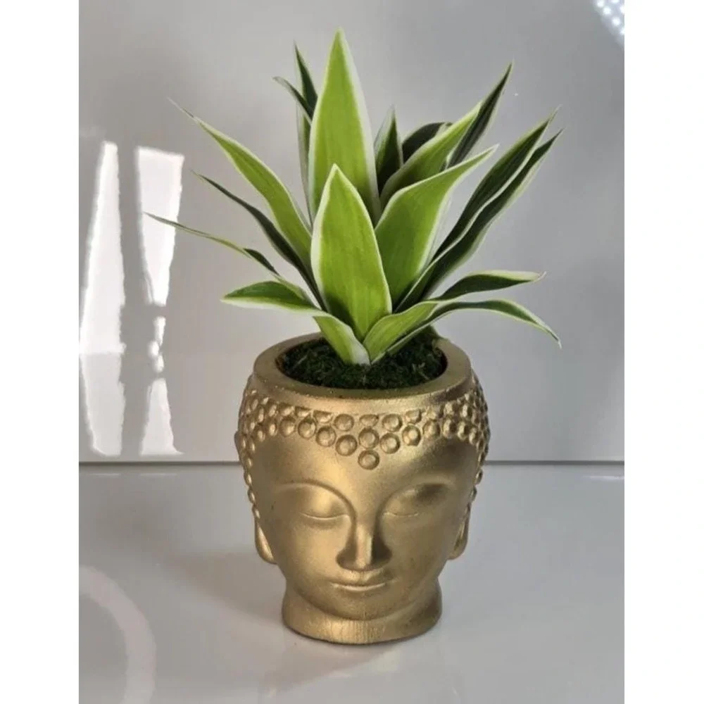 Handmade Faux Snake Plant in Gold Buddha Head Planter | Artificial Plant Decor